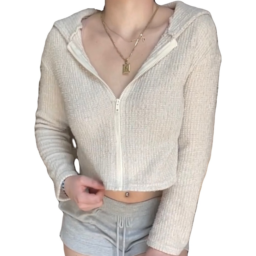 Cream knit zip down hoodie